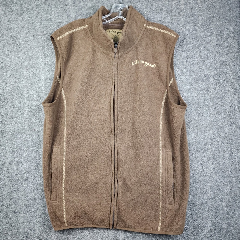 Life is Good Fleece Vest Mens Large Brown Full Zip‎ Contrast Stitching Logo